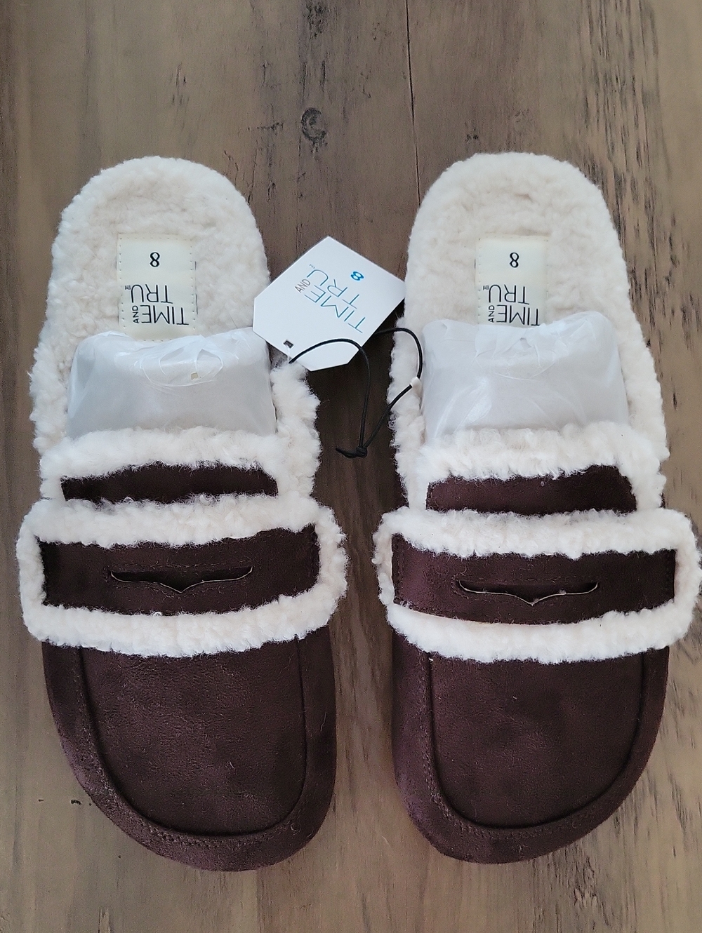 Time and Tru Brown Faux-Suede Slip-On Clogd with Cream Sherpa Trim